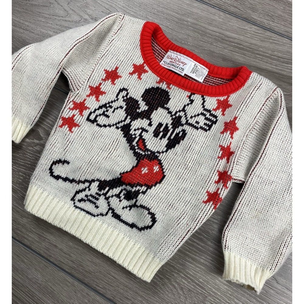 Walt Disney‎ Toddler Cliff Engle Vintage Mickey Mouse Sweater White Red Size 3